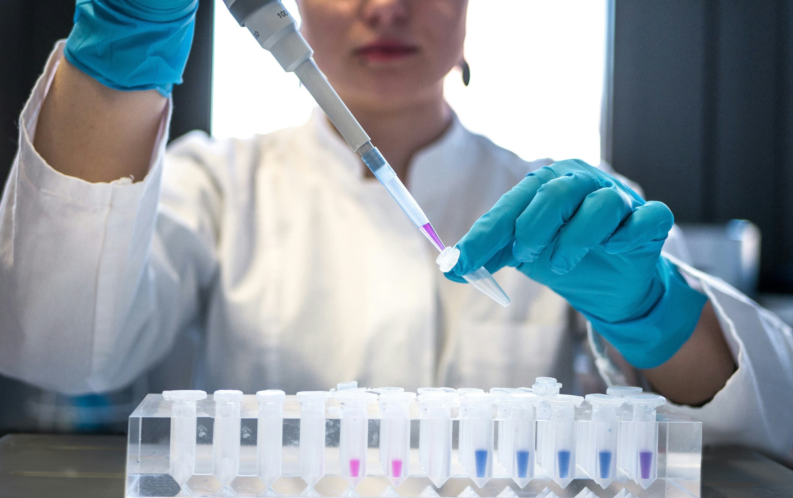Laboklin laboratory technician performing genetic testing with micropipette and sample vials for TruGenix reptile diagnostics